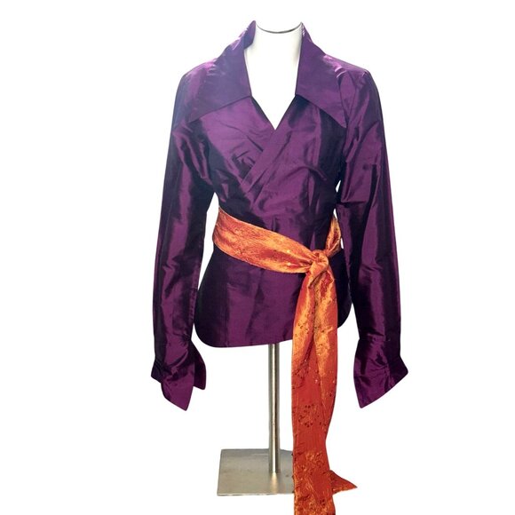 Mestiza New York Large Dark Purple Silk Wrap Jacket Orange Brocade Waist Tie - Picture 2 of 10